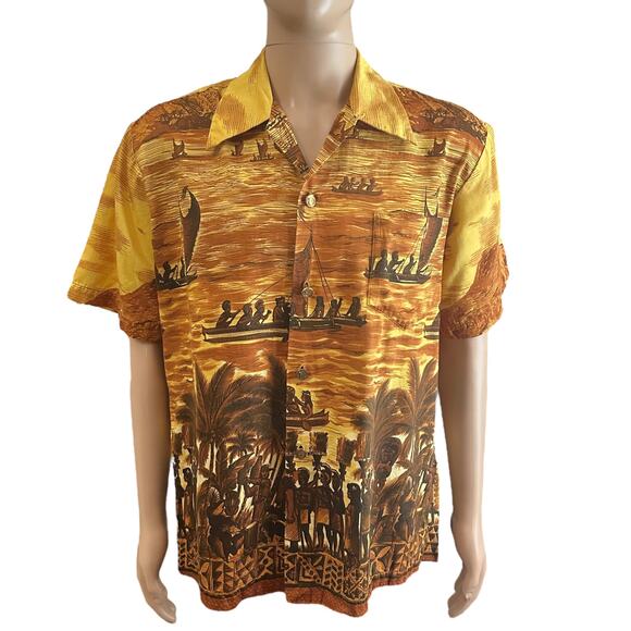 Vintage Stan Hicks Hawaiian Shirt XL Polynesian Print Coin Buttons Aloha 70s